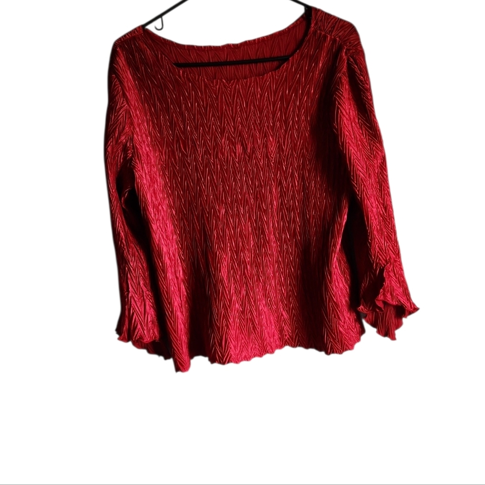 Last Day May 10 Cazza Petite XL Vinage Red Plissé Ruffle Blouse